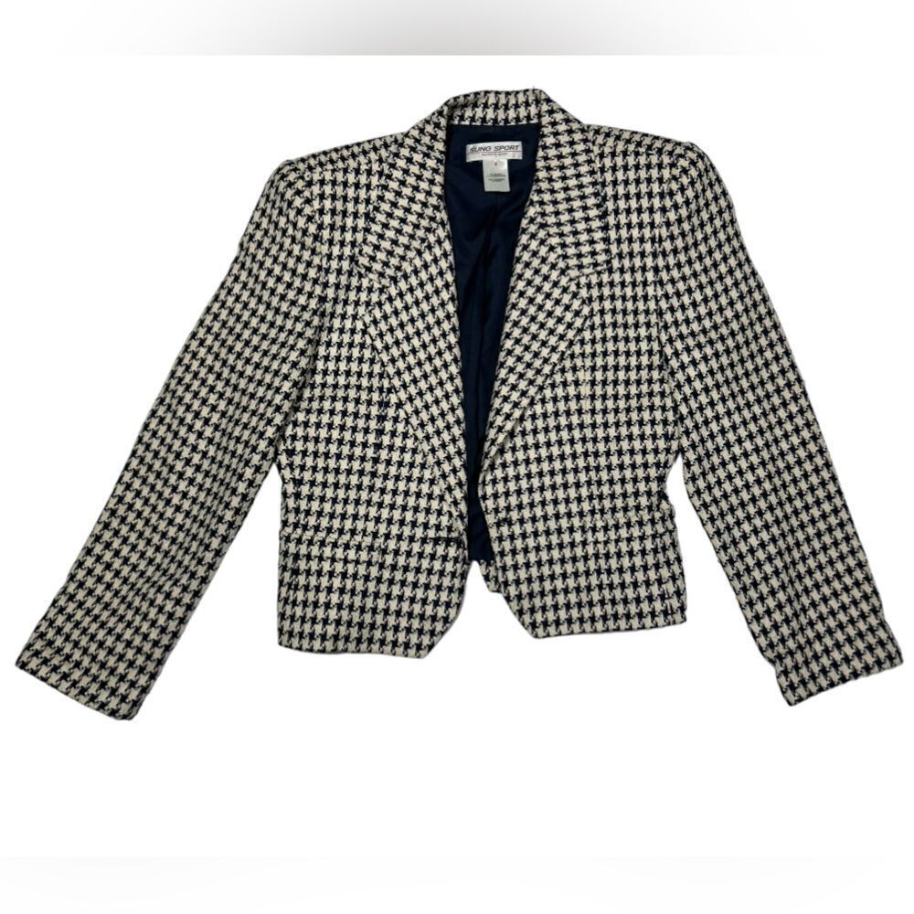 ALFRED SUNG Silk Blend Houndstooth Blazer Navy and White Patterned SUNG SPORT